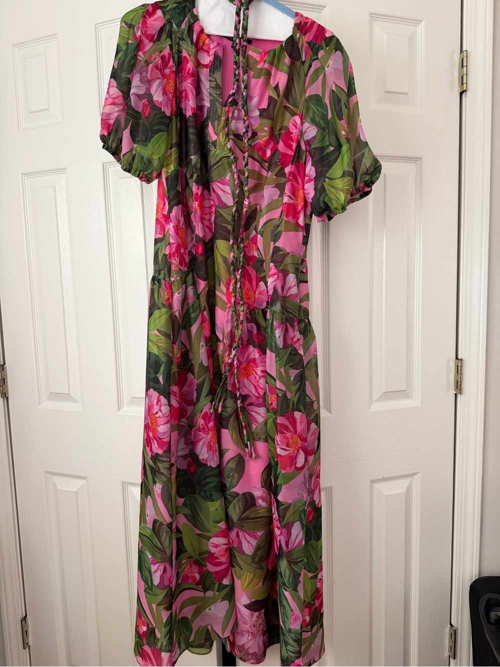 Alex Marie Floral Pink & Green Midi Dress with braided belt
